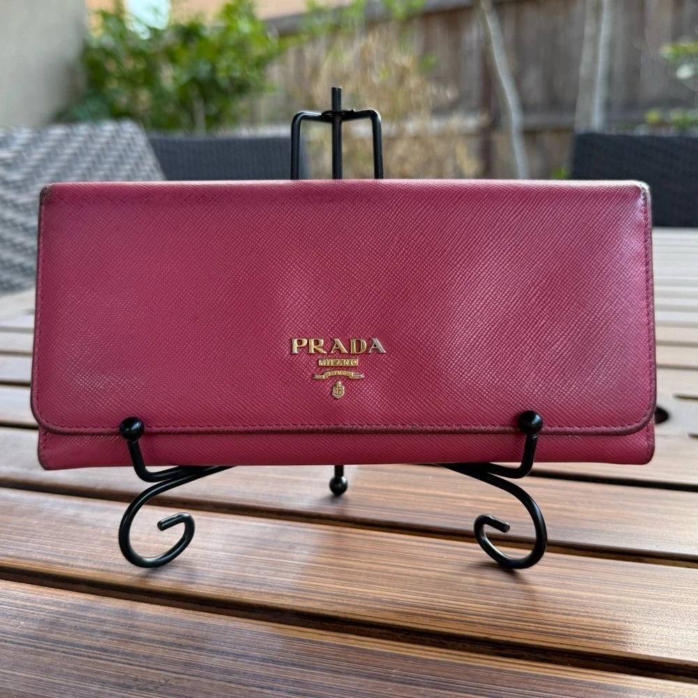 Prada long snap saffiano leather wallet color peonia with authentication card